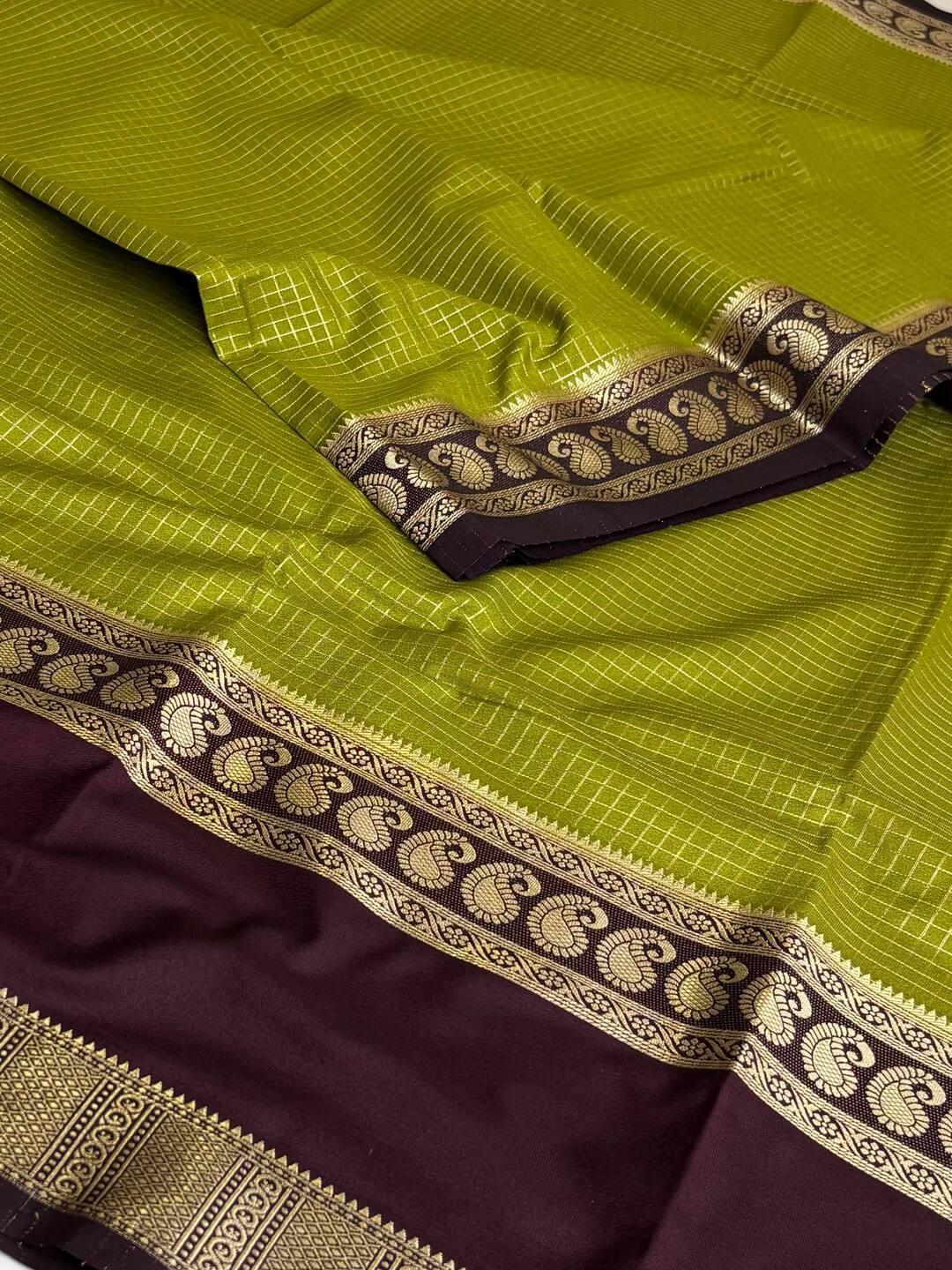 Apple Green Checked Chiffon Silk Saree