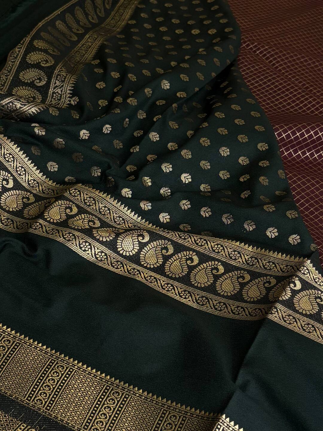 Dark Brown Checked Chiffon Silk Saree