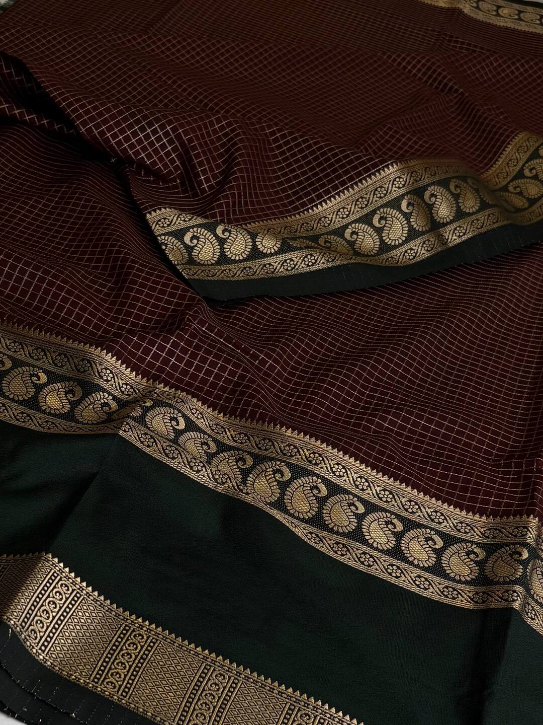 Dark Brown Checked Chiffon Silk Saree