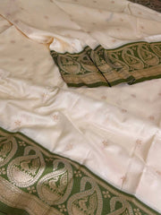 Off White with Olive Green Border Cotton Silk Saree