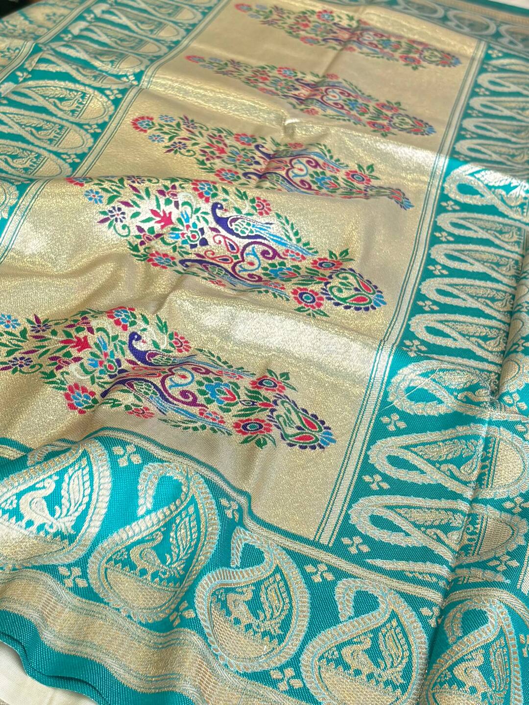 Off White with Turquoise Border Cotton Silk Saree