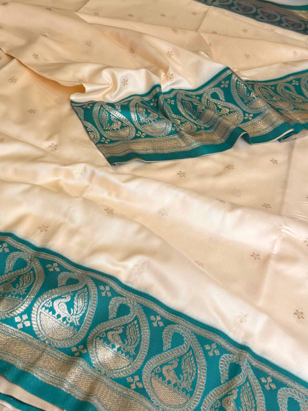 Off White with Turquoise Border Cotton Silk Saree
