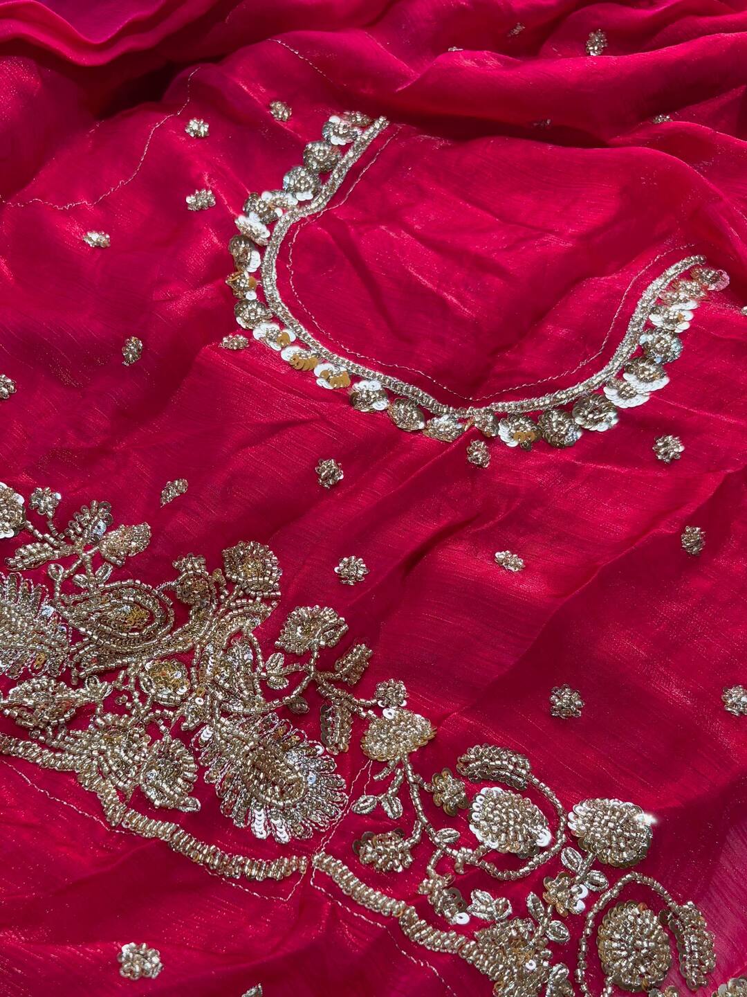 Hot Pink Ambourding Georgette Saree