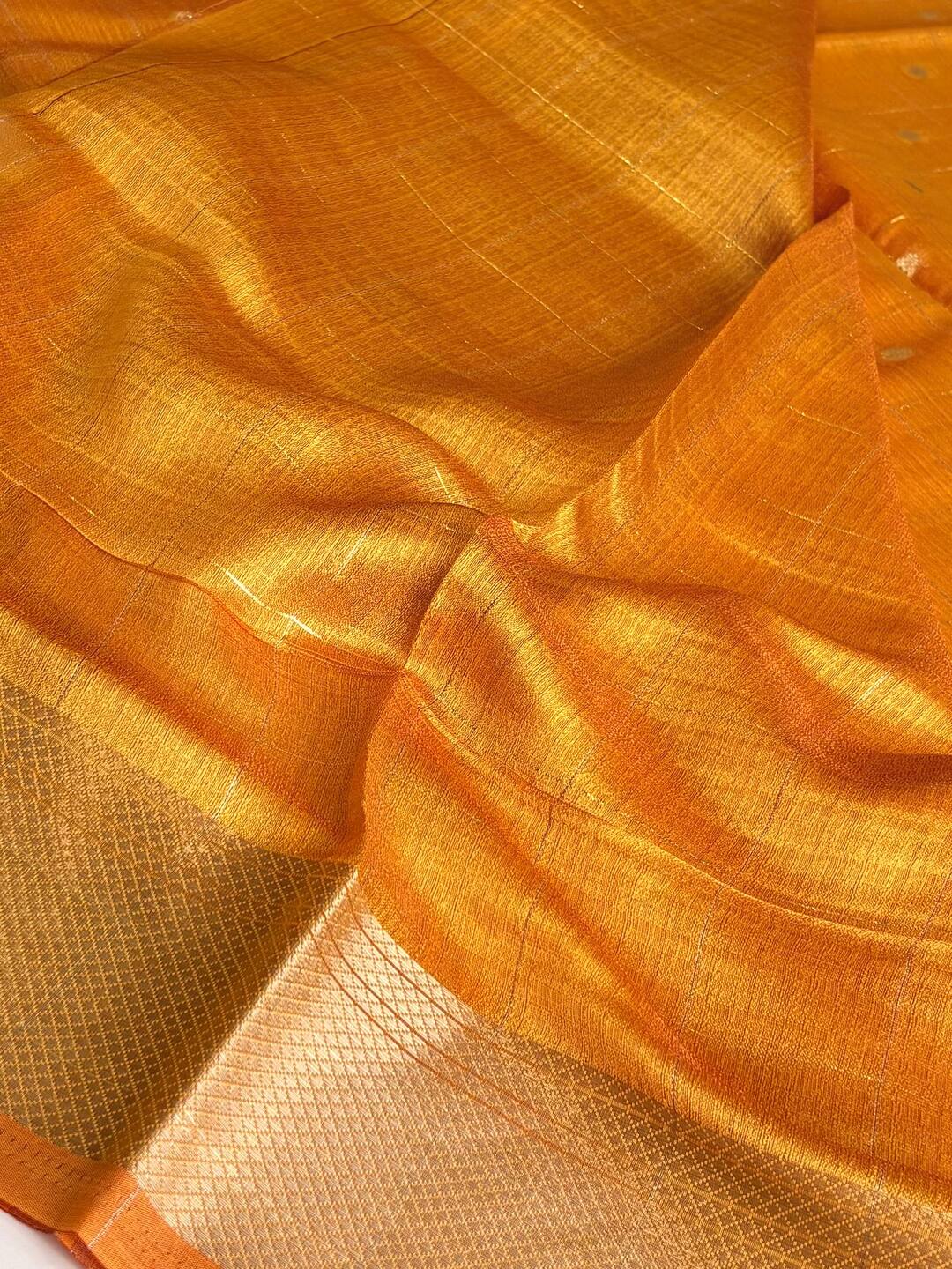 Golden Yellow Checked Tissue Silk Saree