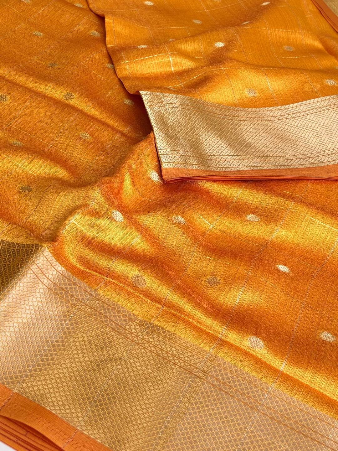 Golden Yellow Checked Tissue Silk Saree