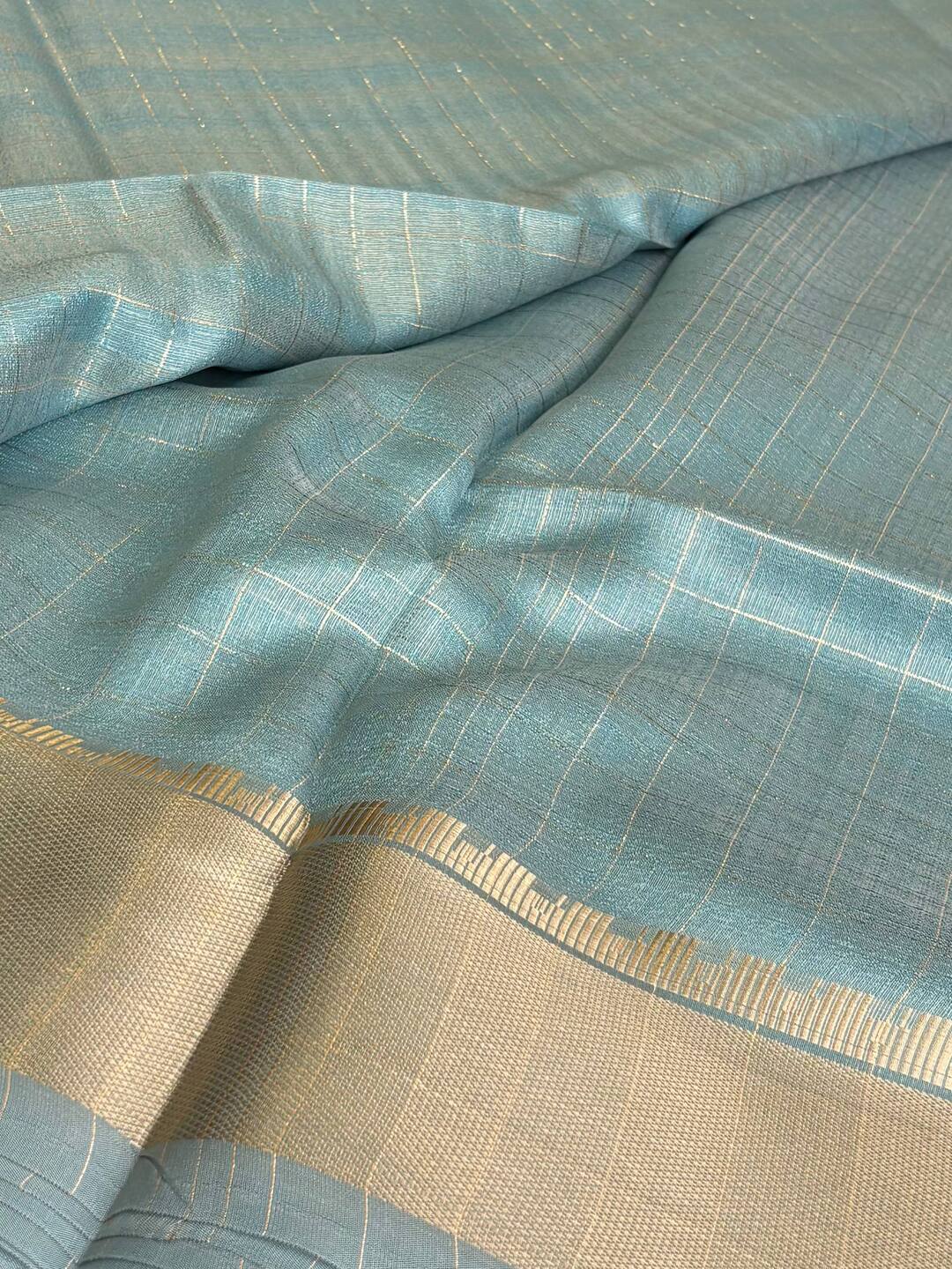 Sky Blue Checked Soft Cotton Saree