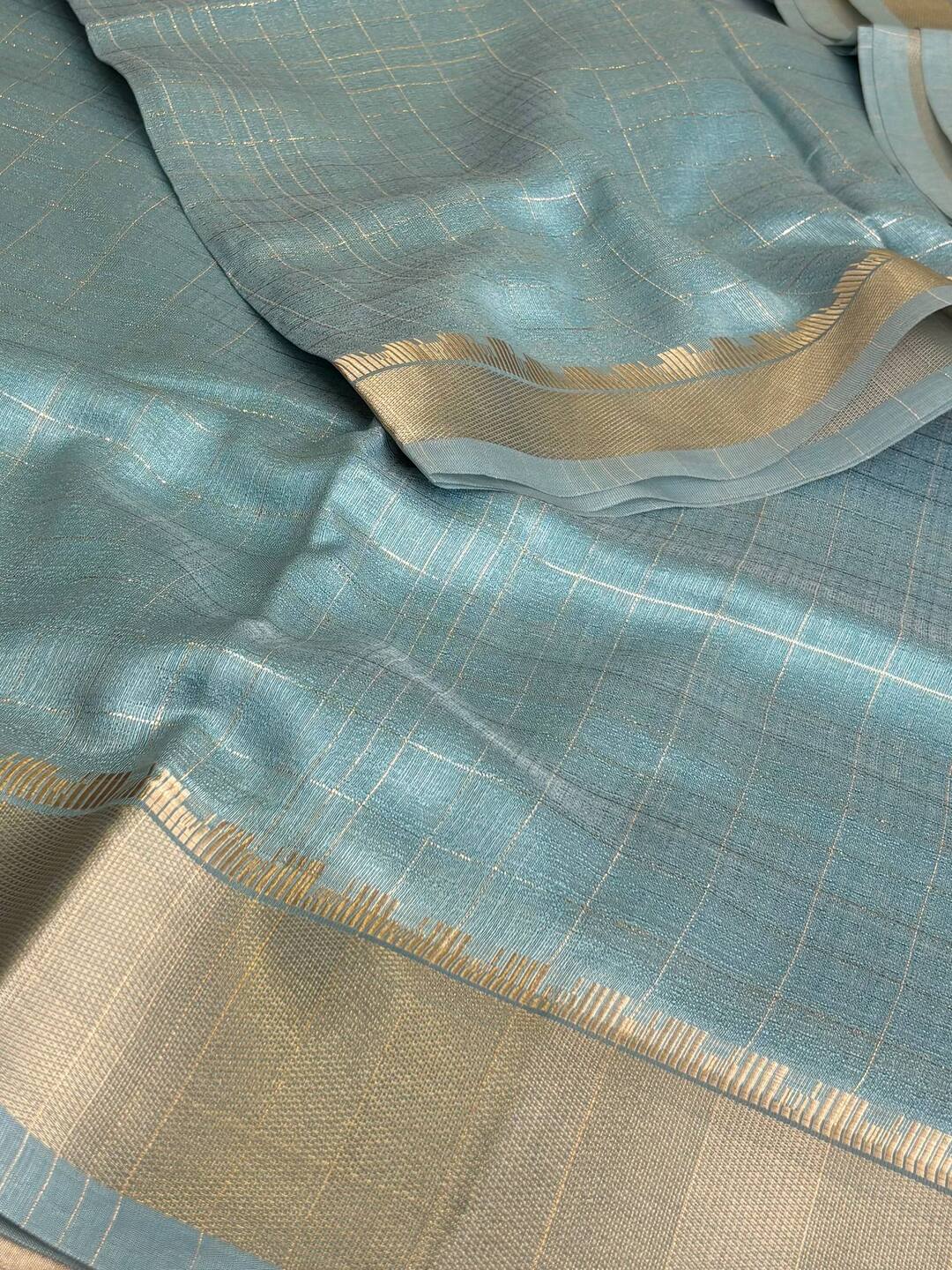 Sky Blue Checked Soft Cotton Saree