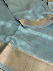 Sky Blue Checked Soft Cotton Saree