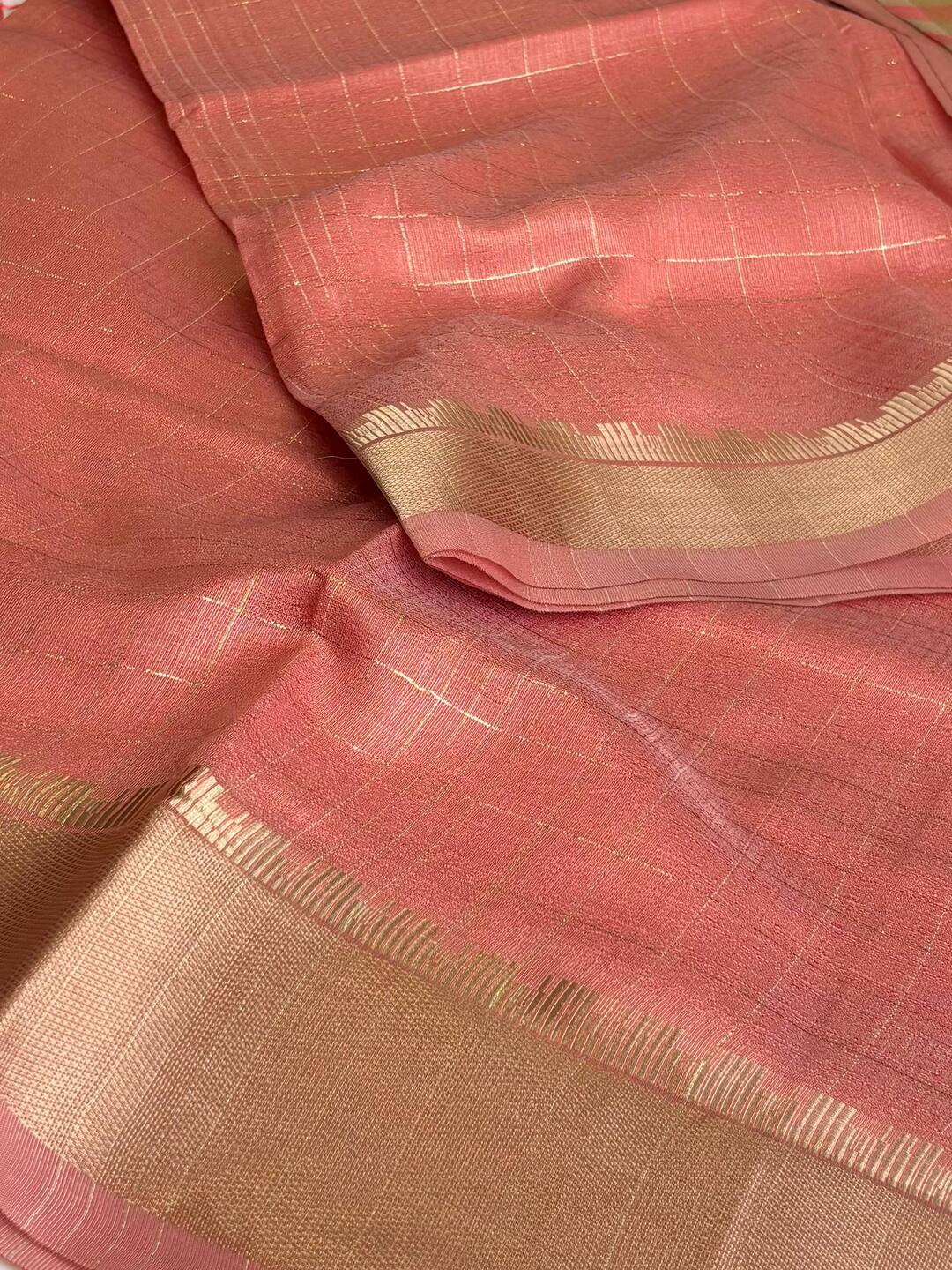 Coral Pink Checked Soft Cotton Saree
