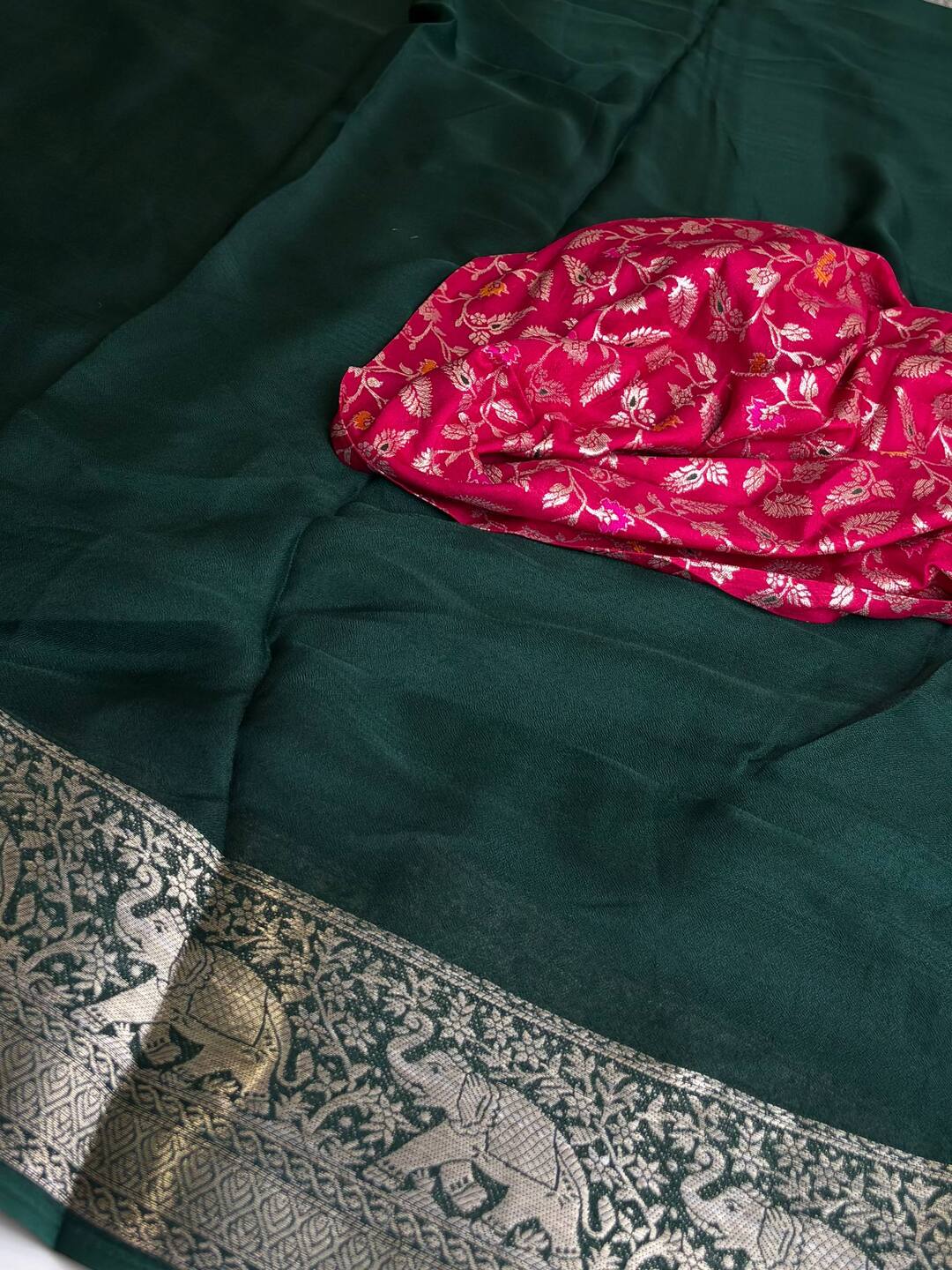 Emerald Green with Pink Blouse Chiffon Saree