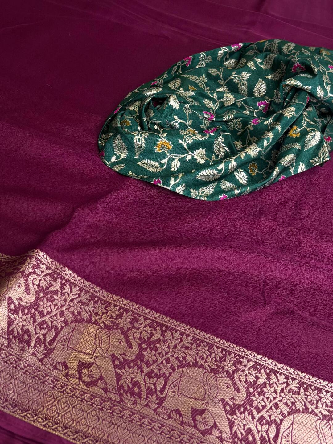 Plum Purple with Green Blouse Chiffon Saree