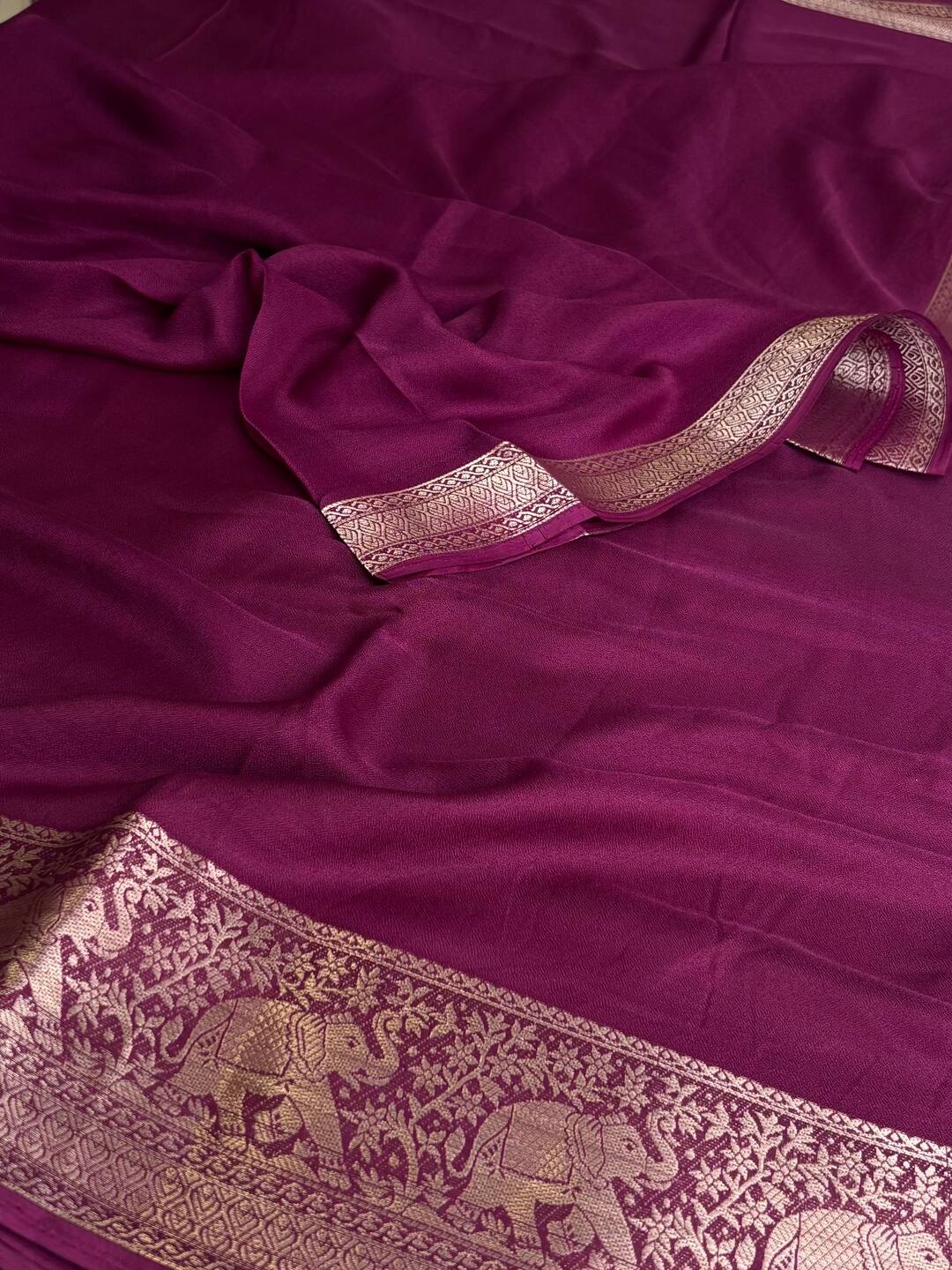 Plum Purple with Green Blouse Chiffon Saree