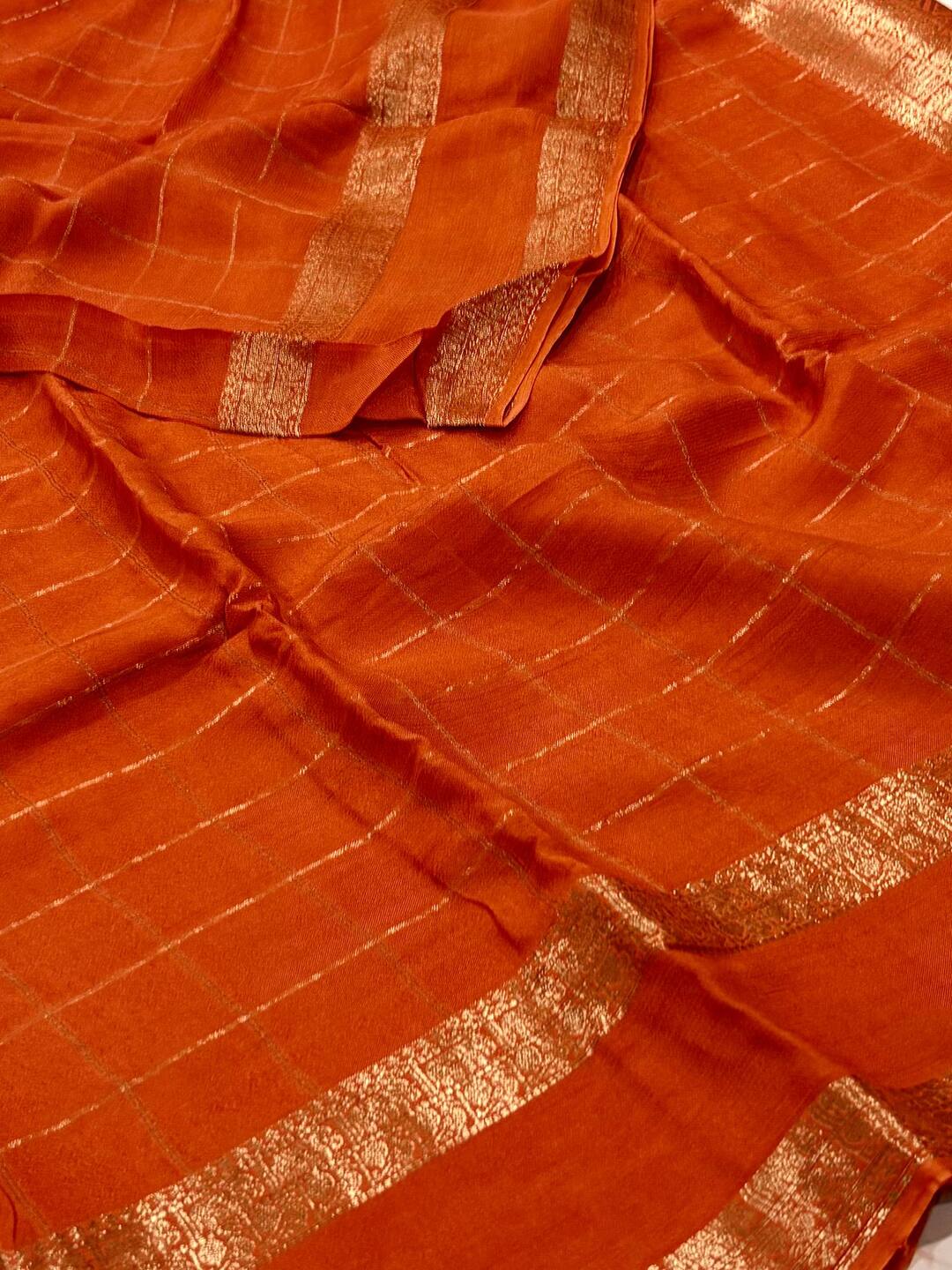 Orange Checked Chiffon Saree