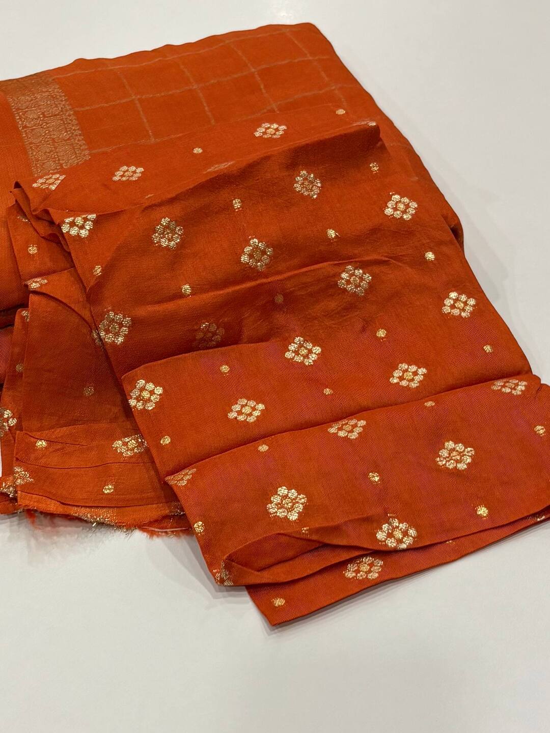 Orange Checked Chiffon Saree