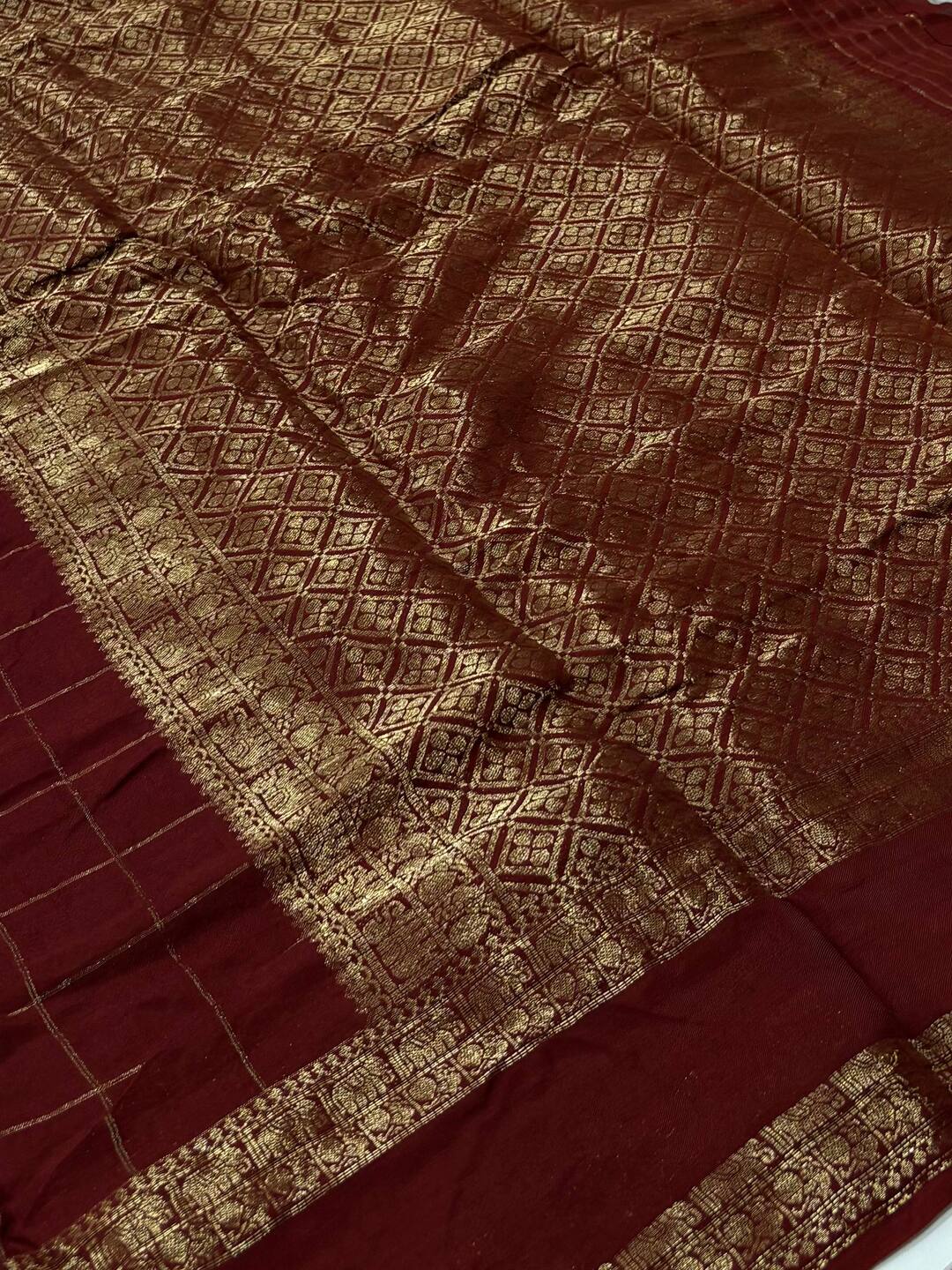 Maroon Checked Chiffon Saree