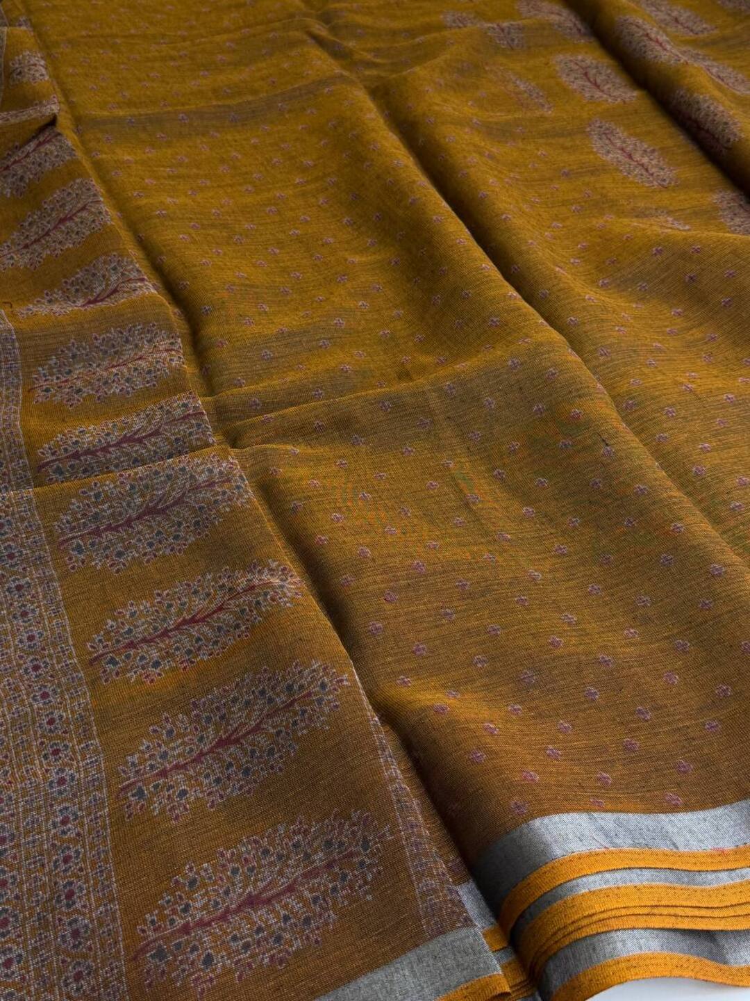 Mustard Printed Soft Cotton Saree