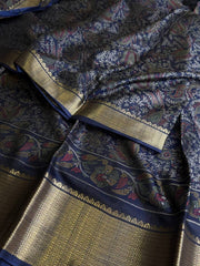 Navy Blue Printed Floral Chiffon Saree