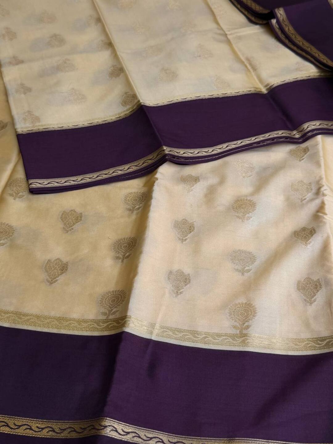 Cream With Purple Border Chiffon Cotton Silk Saree