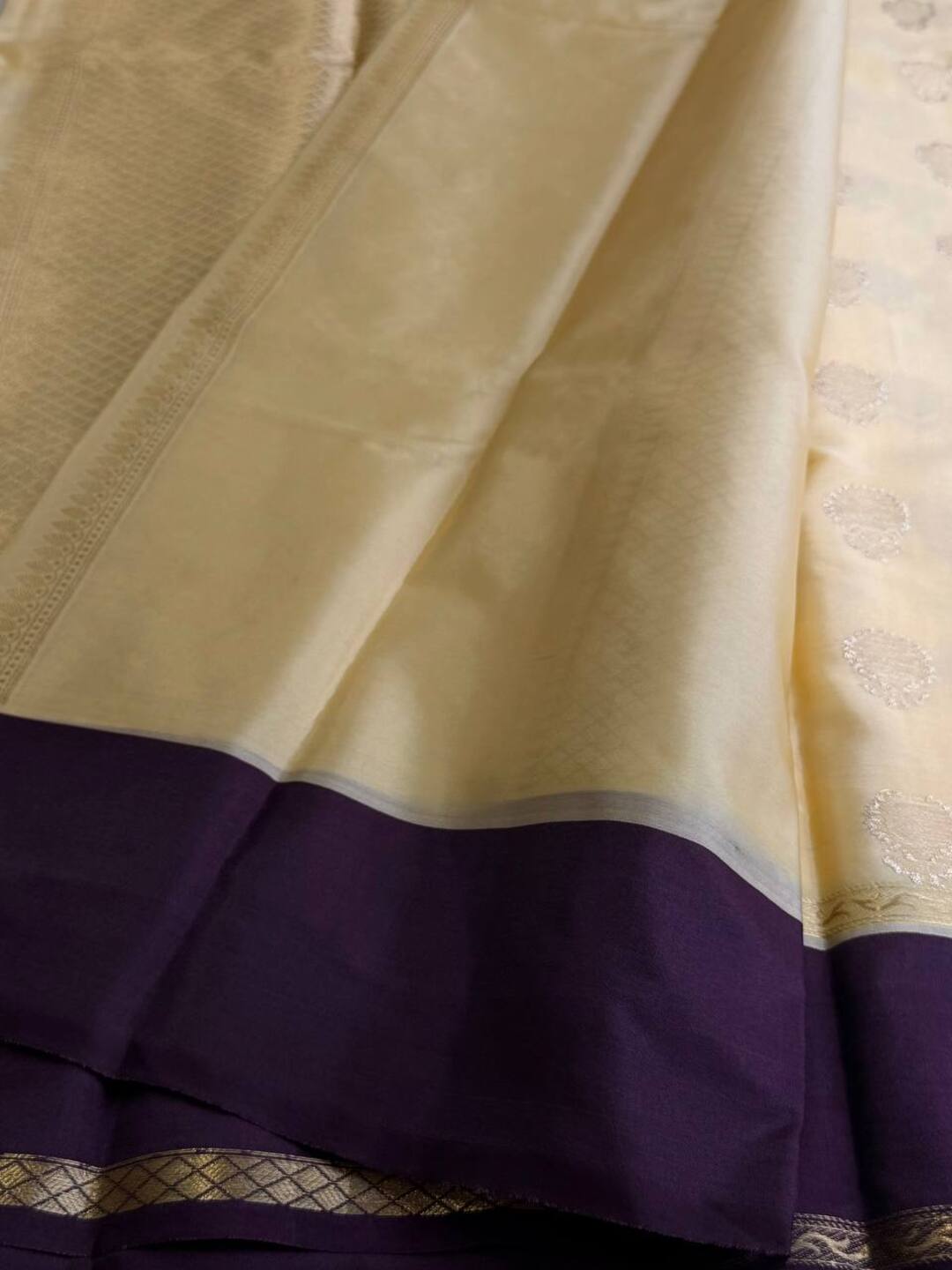 Cream With Purple Border Chiffon Cotton Silk Saree