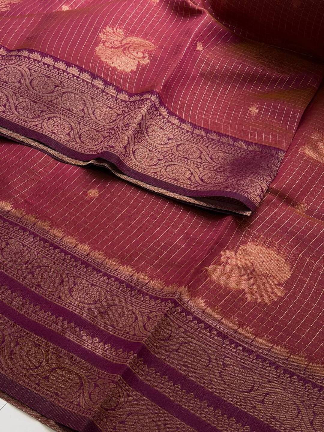Golden Pink Checked Cotton Silk Saree