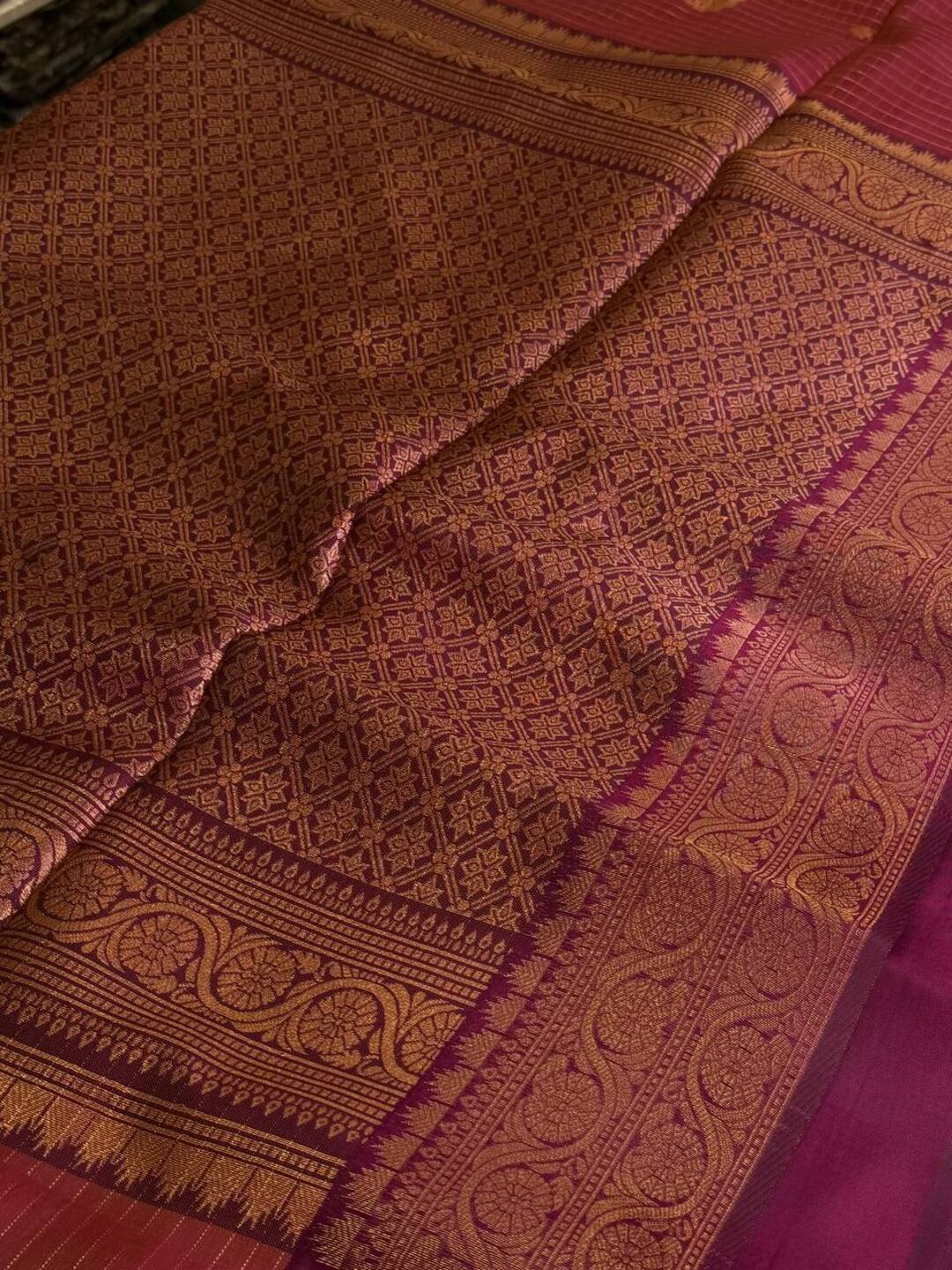 Golden Pink Checked Cotton Silk Saree