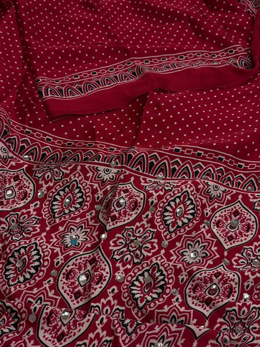 Cherry Red Ajrakh Mirror Printed Satin Saree