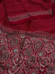 Cherry Red Ajrakh Mirror Printed Satin Saree