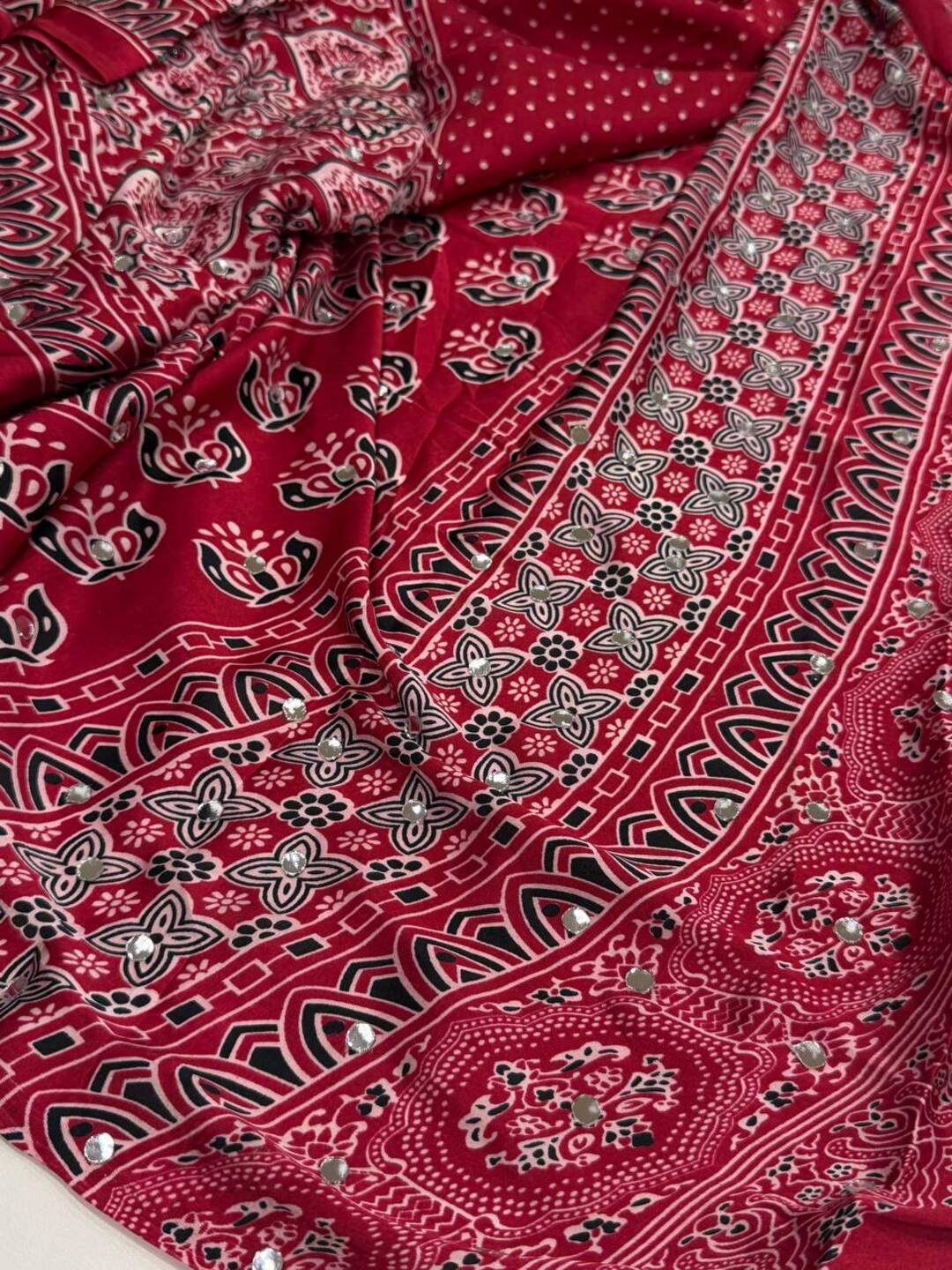 Cherry Red Ajrakh Mirror Printed Satin Saree