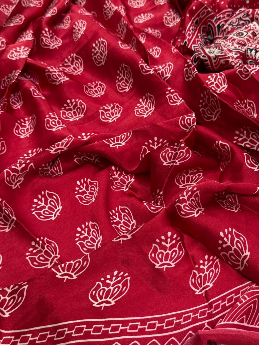 Cherry Red Ajrakh Mirror Printed Satin Saree