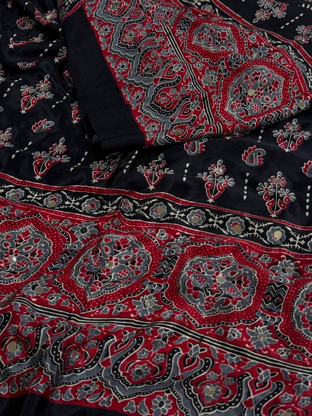 Black Ajrakh Printed Satin Saree