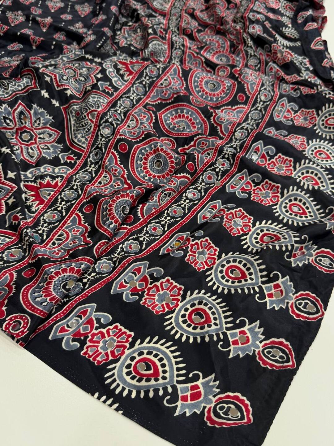 Black Ajrakh Printed Satin Saree