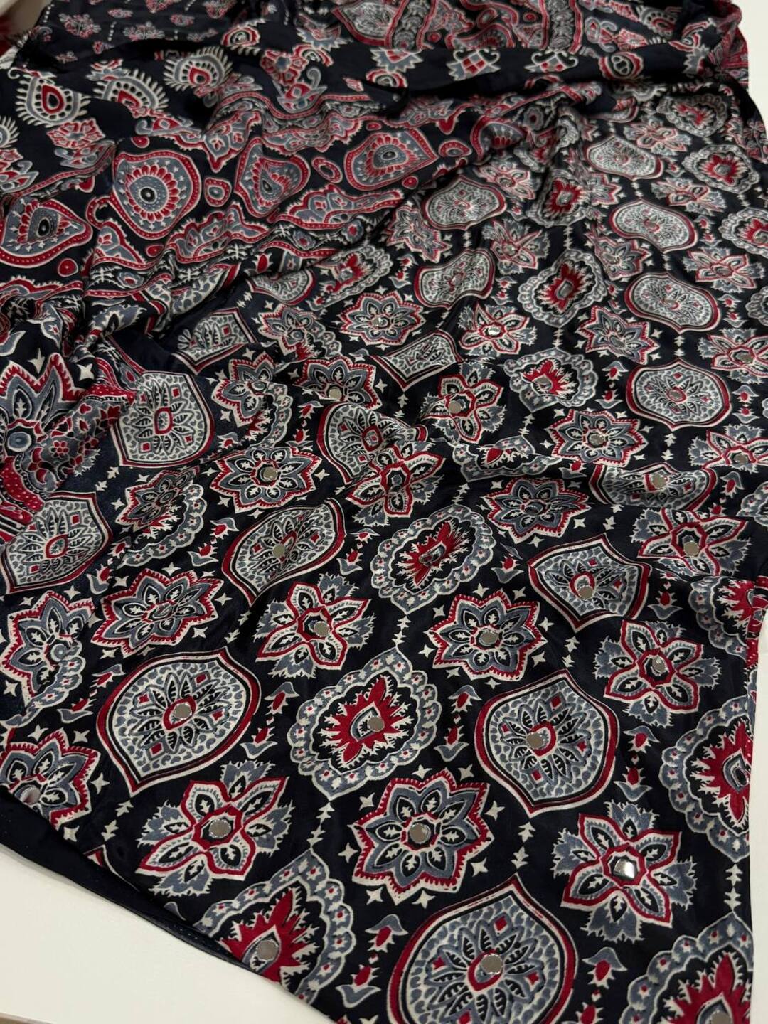 Black Ajrakh Printed Satin Saree