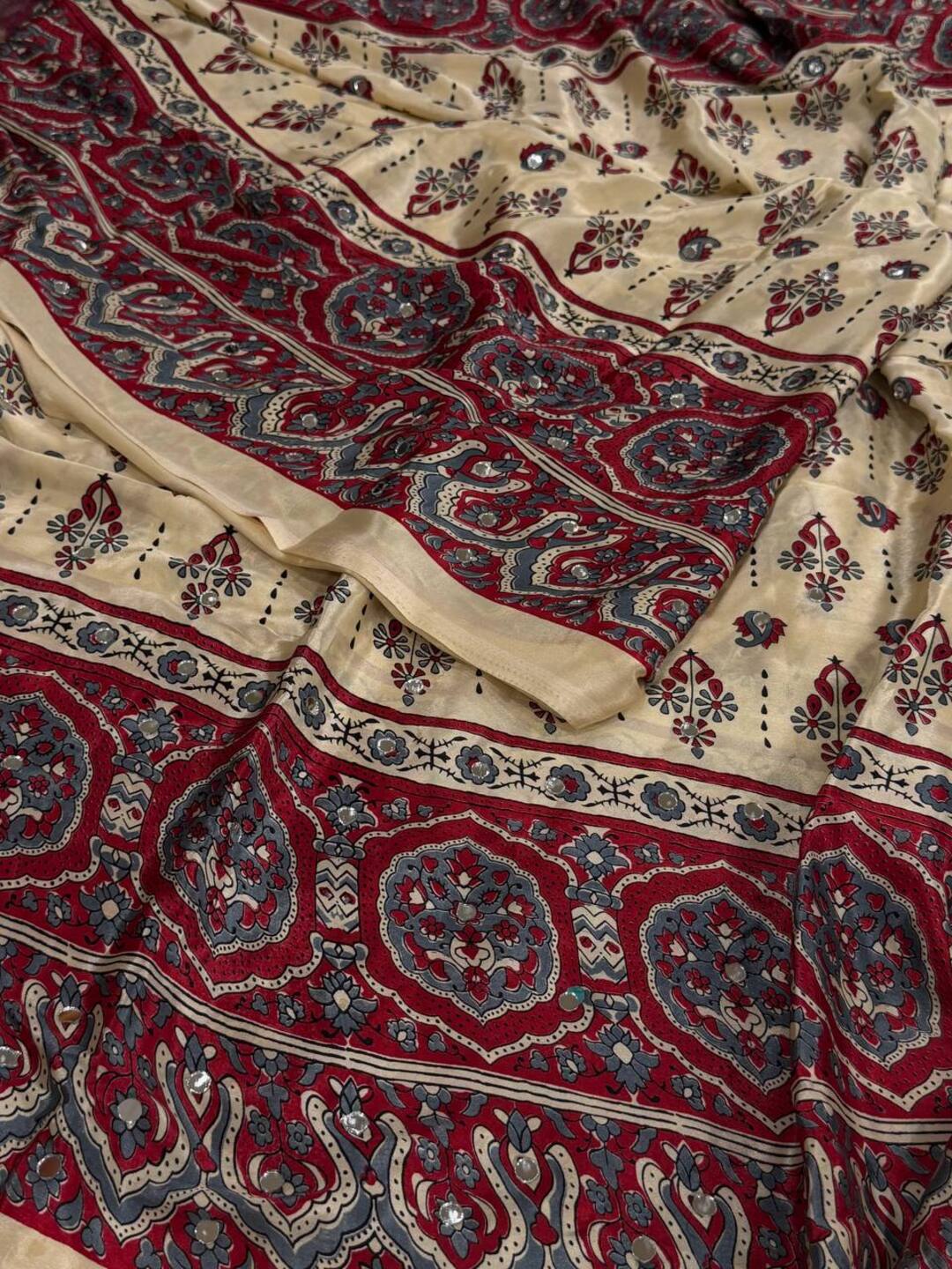 Off White Ajrakh Mirror Printed  Satin Saree