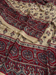 Off White Ajrakh Mirror Printed  Satin Saree