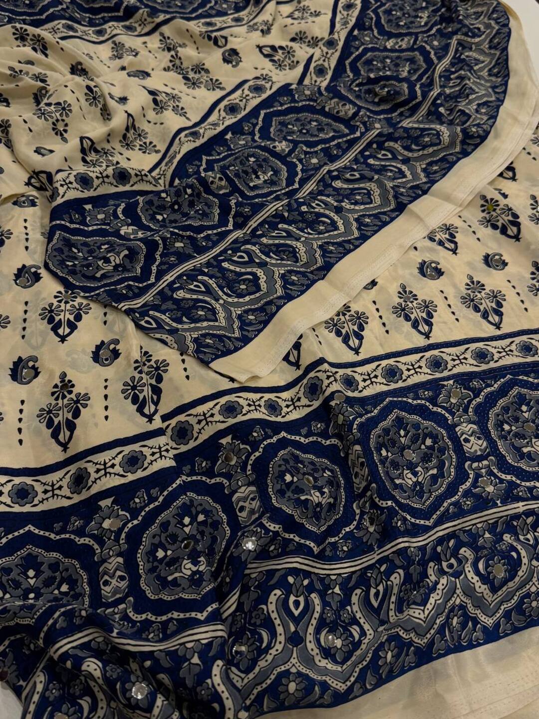Off White Ajrakh Mirror Printed  Satin Saree