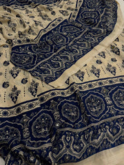 Off White Ajrakh Mirror Printed  Satin Saree