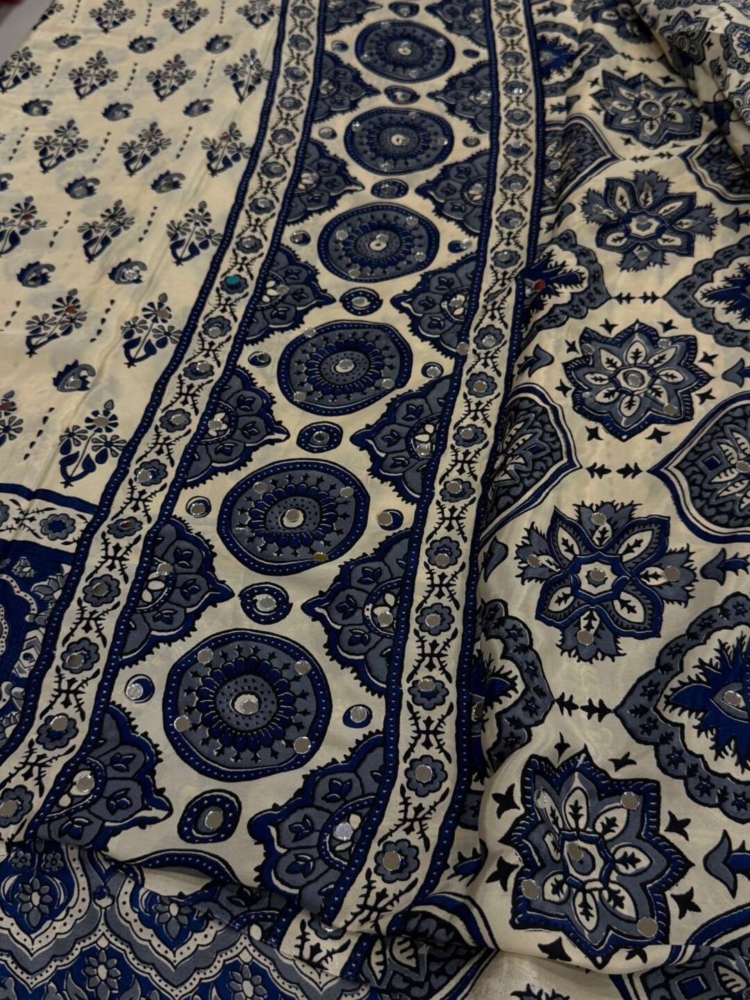 Off White Ajrakh Mirror Printed  Satin Saree