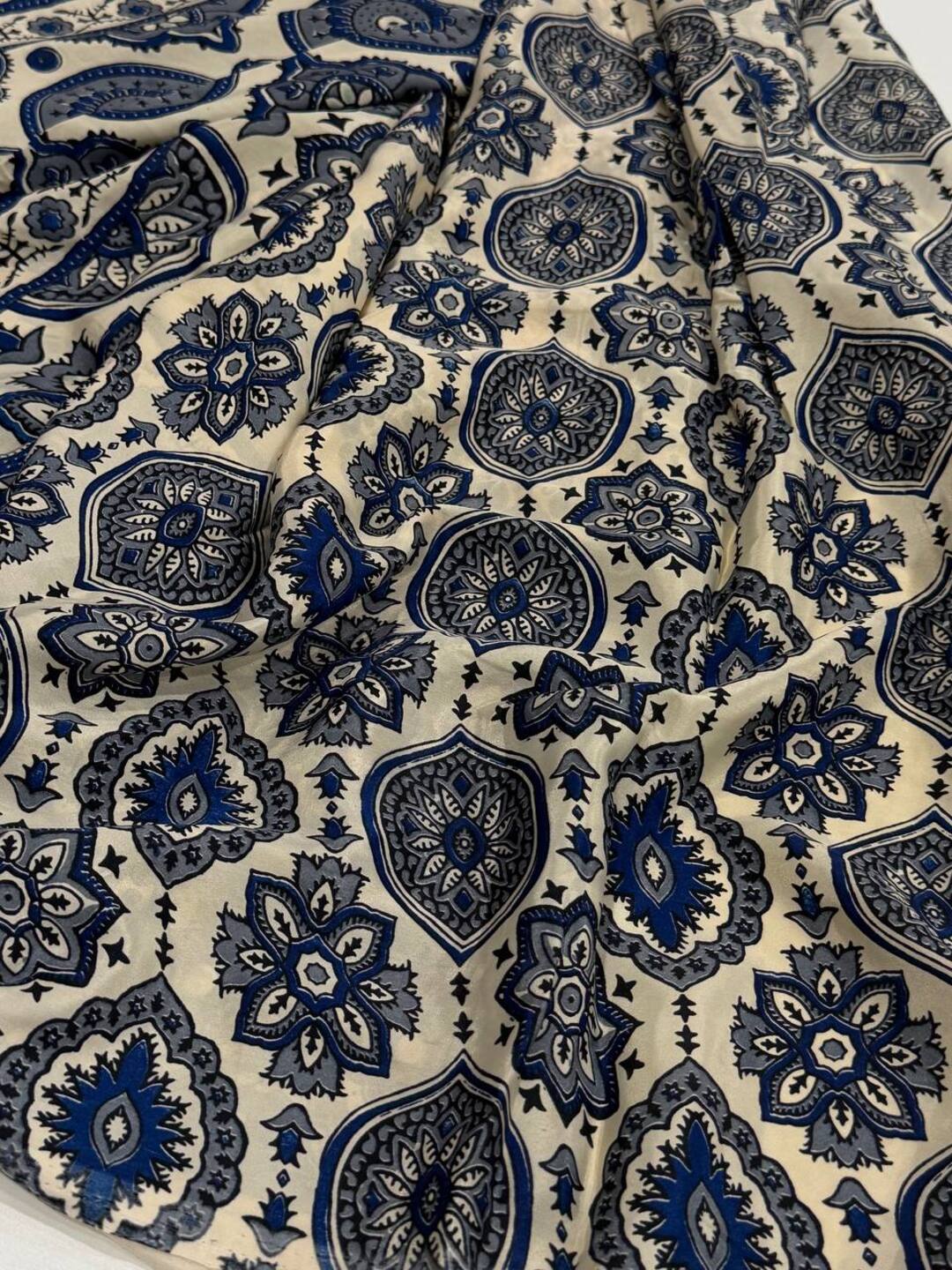 Off White Ajrakh Mirror Printed  Satin Saree