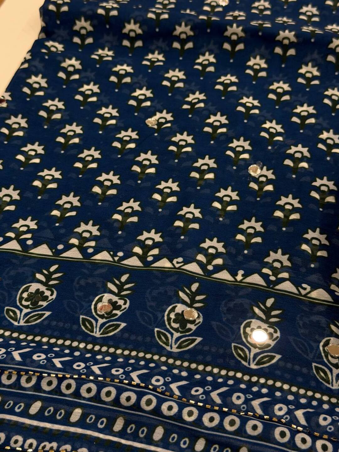 Dark Blue Mirror Chiffon Printed Saree