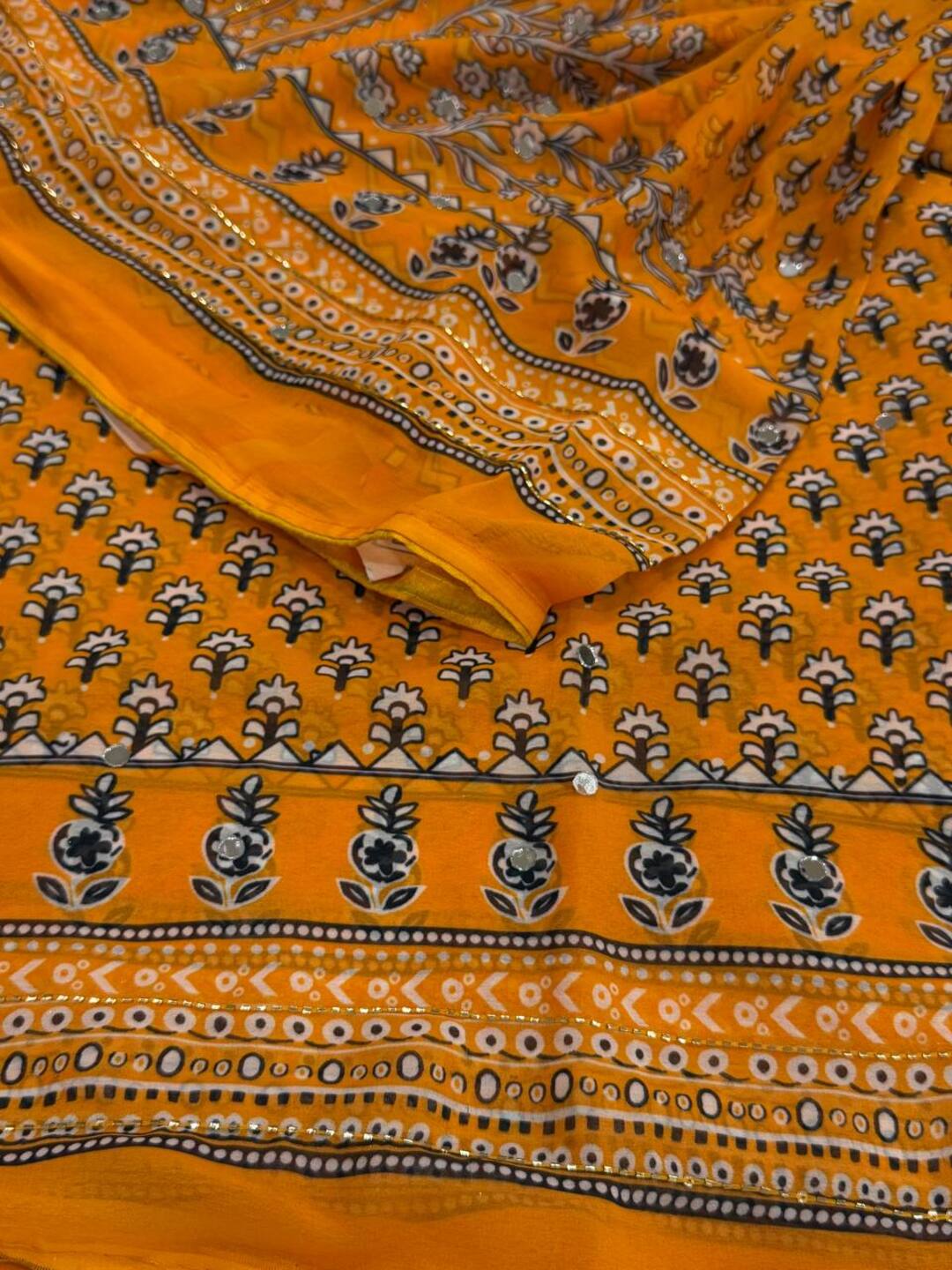 Yellow Mirror Chiffon Printed Saree