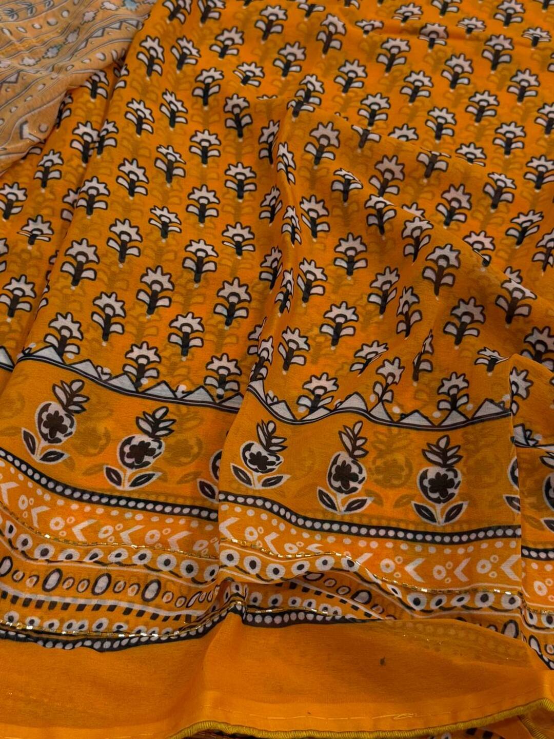 Yellow Mirror Chiffon Printed Saree