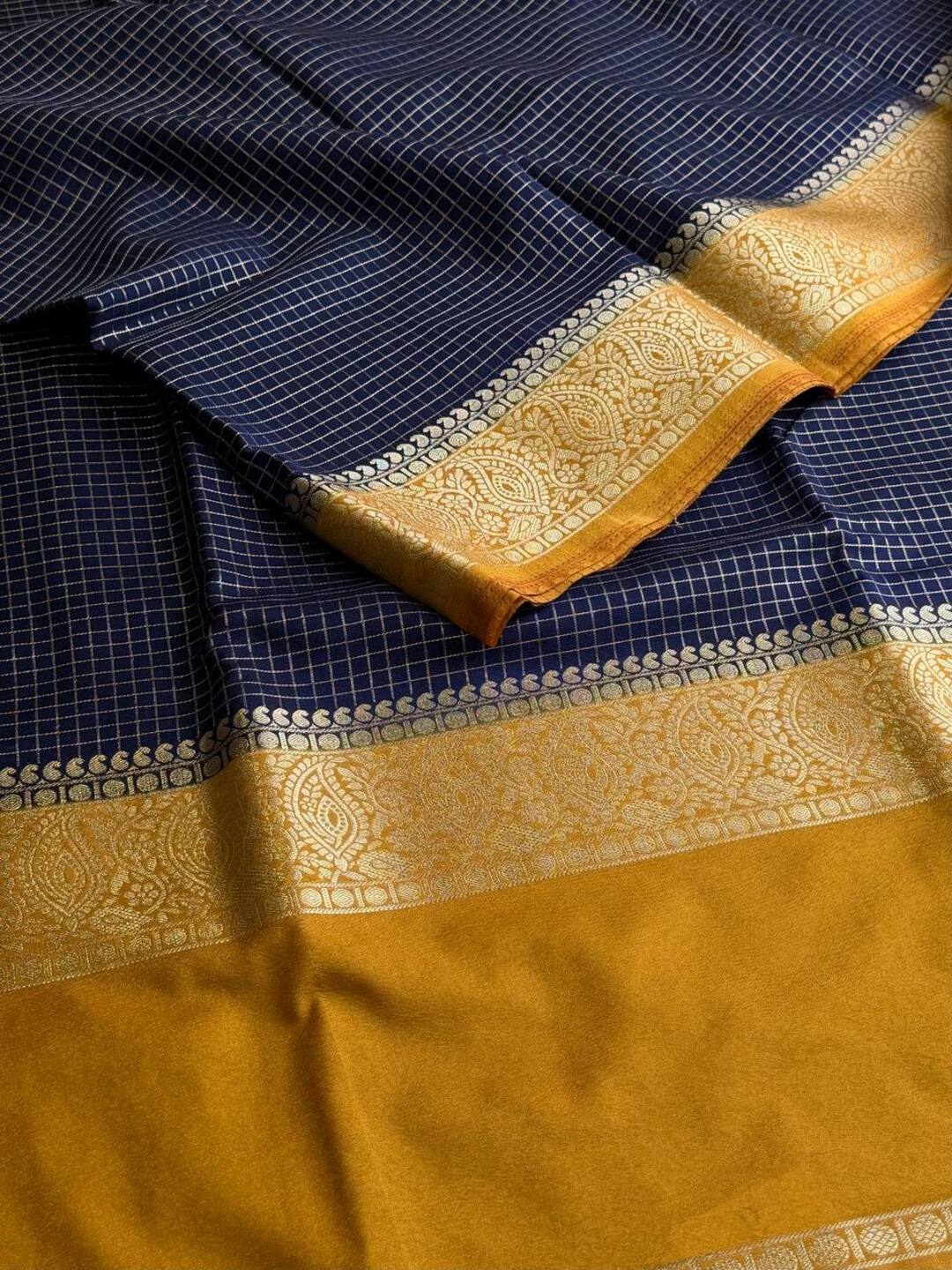 Navy Blue Checked Chiffon Silk Saree