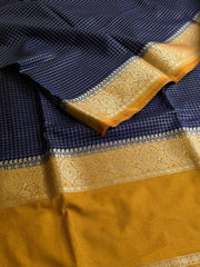 Navy Blue Checked Chiffon Silk Saree
