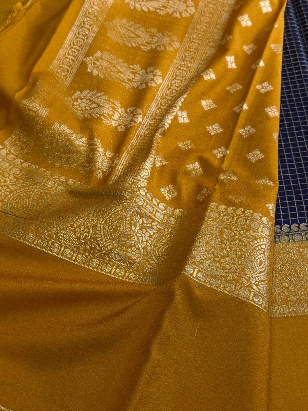Navy Blue Checked Chiffon Silk Saree