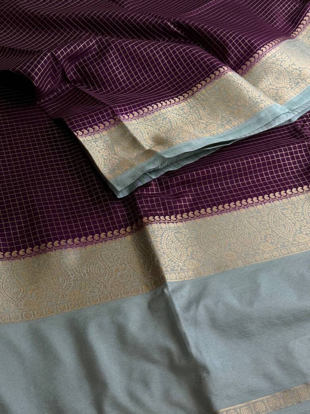 Royal Purple Checked  Chiffon Silk Saree