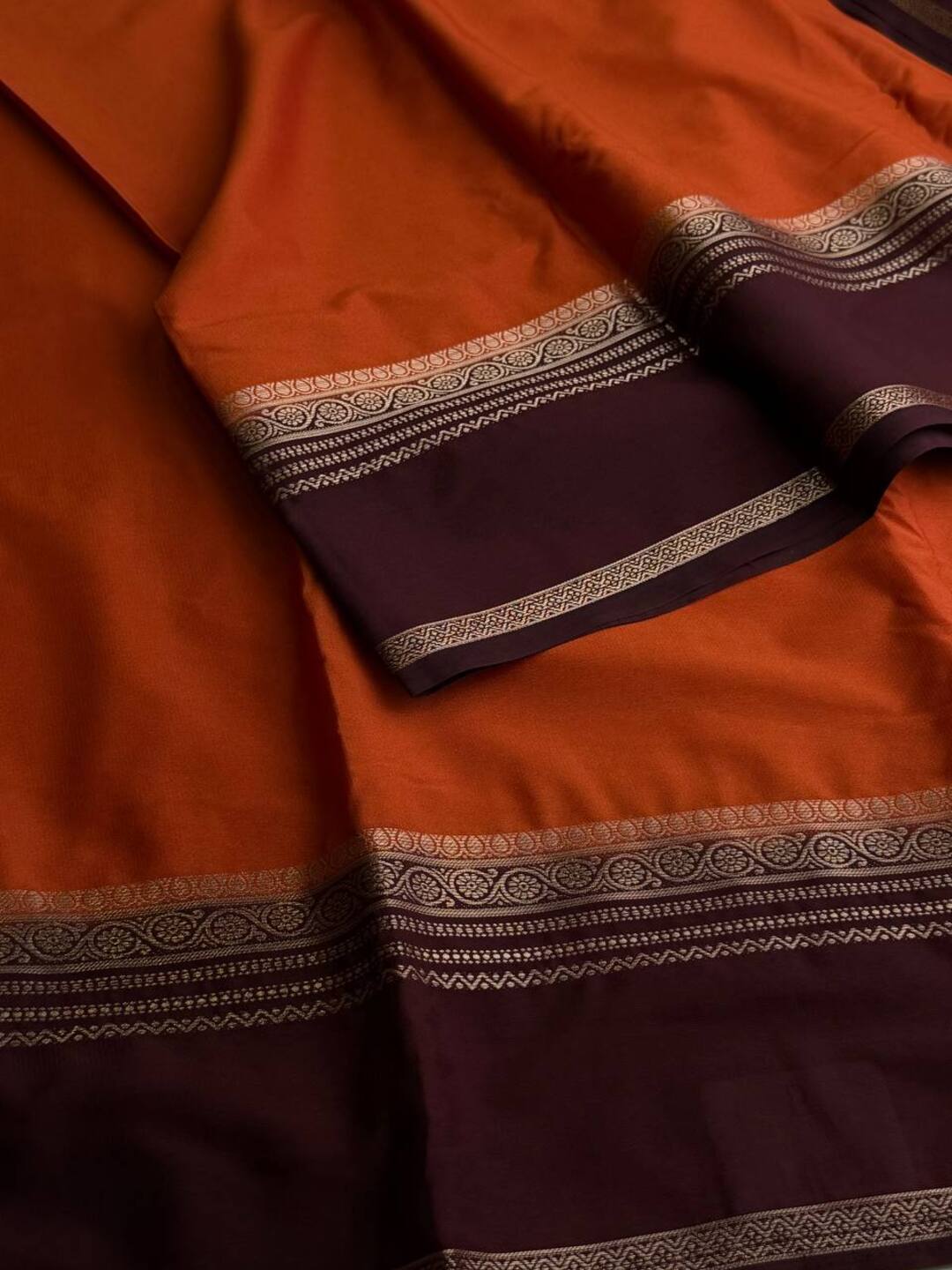 Burnt Orange Semi Mysore Chiffon Saree