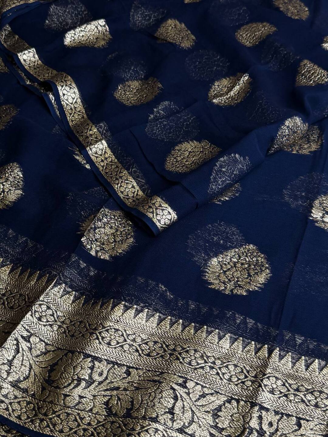 Navy Blue Floral Chiffon Saree