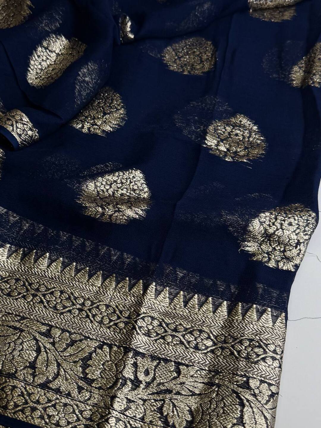 Navy Blue Floral Chiffon Saree