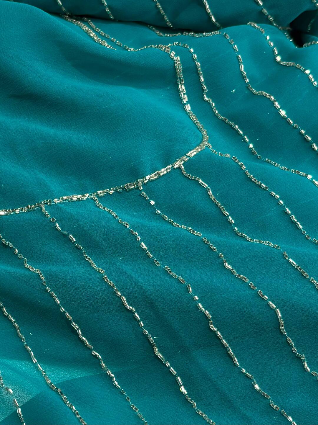 Turquoise Blue Ambourding Georgette Silk Saree