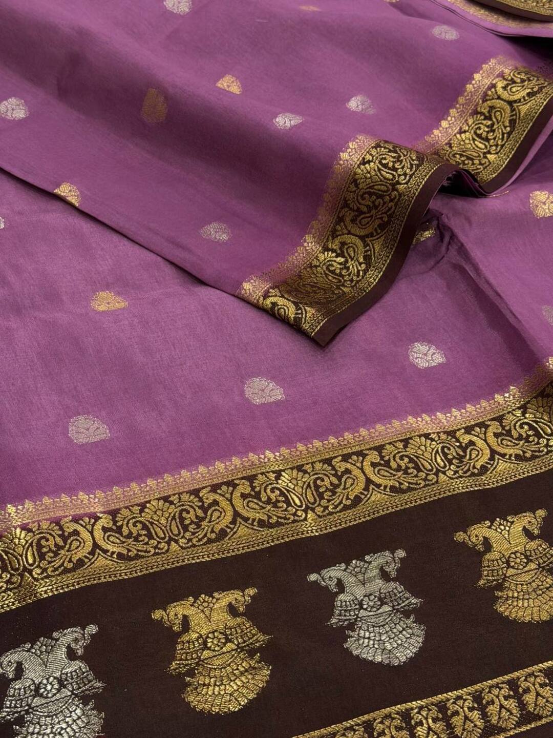 Lavender Purple With Dark Purple Banaras Cotton Saree